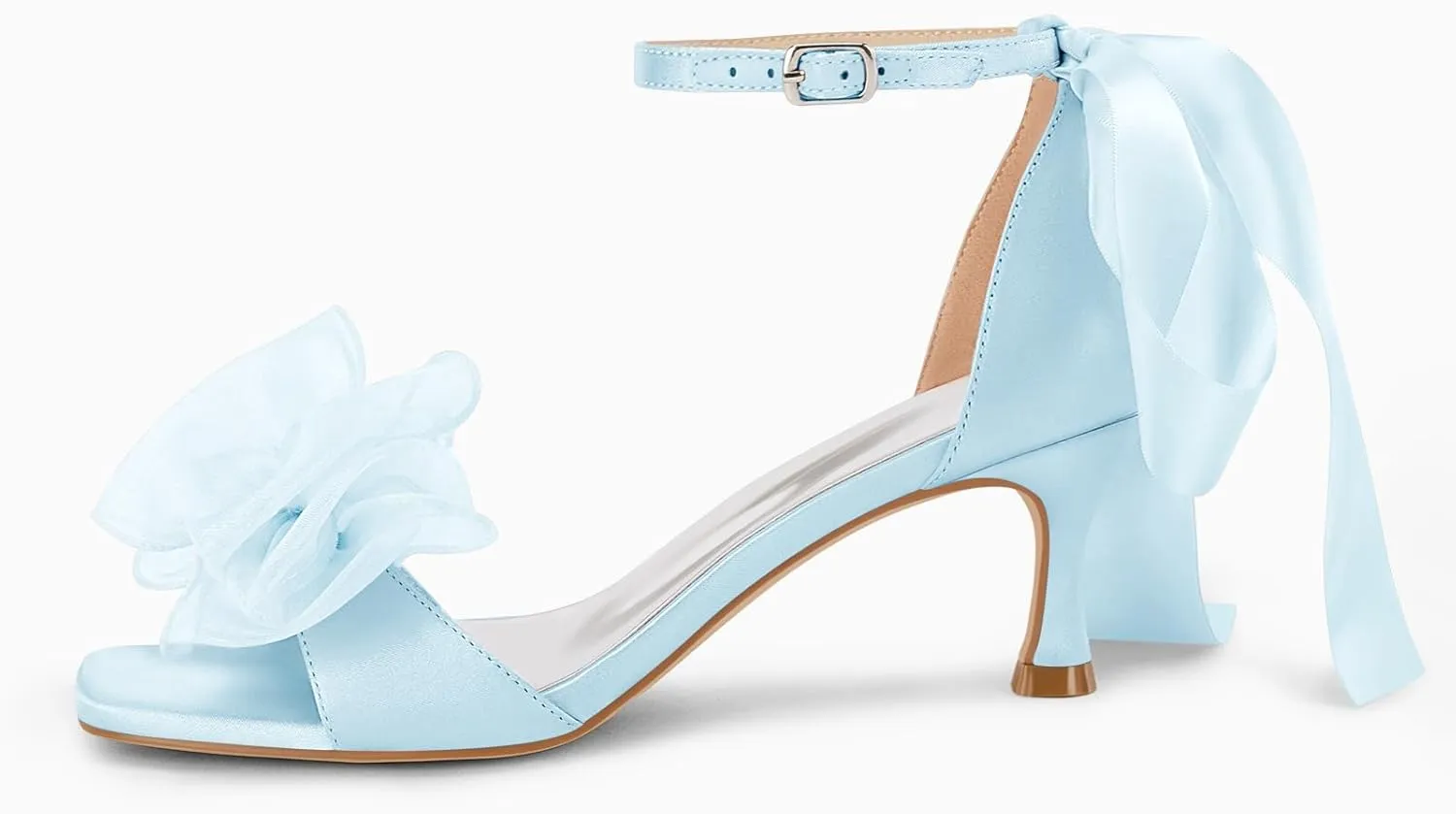 Coutgo Womens Bow Kitten Heels Sandals Square Open Toe Ankle Strap Satin Ribbon Wedding Dress Shoes