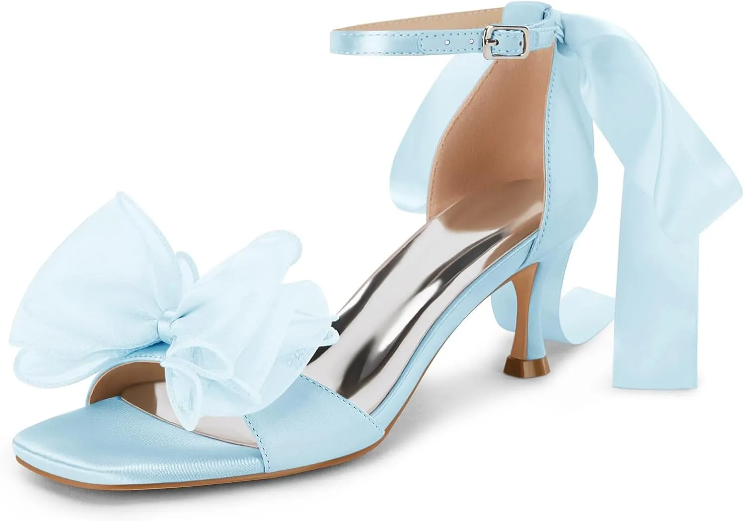 Coutgo Womens Bow Kitten Heels Sandals Square Open Toe Ankle Strap Satin Ribbon Wedding Dress Shoes