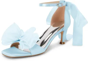 Coutgo Womens Bow Kitten Heels Sandals Square Open Toe Ankle Strap Satin Ribbon Wedding Dress Shoes
