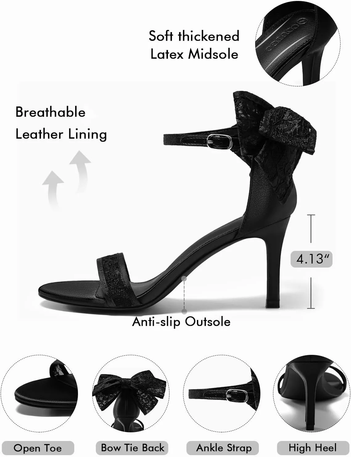 Coutgo Womens High Heels Sandals Lace Bow Tie Back Open Toe Ankle Strap Sexy Stiletto Wedding Party Dress Shoes