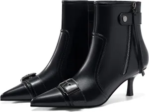 Coutgo Womens Kitten Heel Ankle Boots Pointed Toe Buckle Side Zipper Tassel Fall Winter Booties Shoes