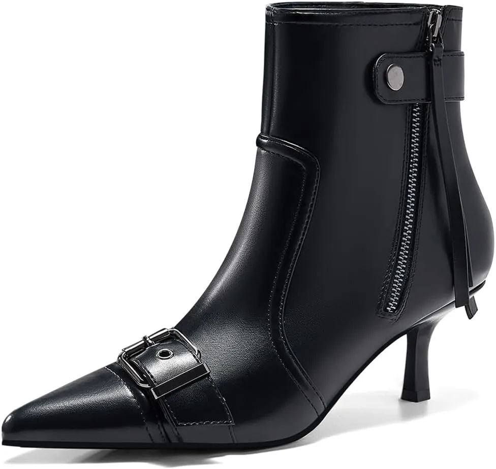 Coutgo Womens Kitten Heel Ankle Boots Pointed Toe Buckle Side Zipper Tassel Fall Winter Booties Shoes