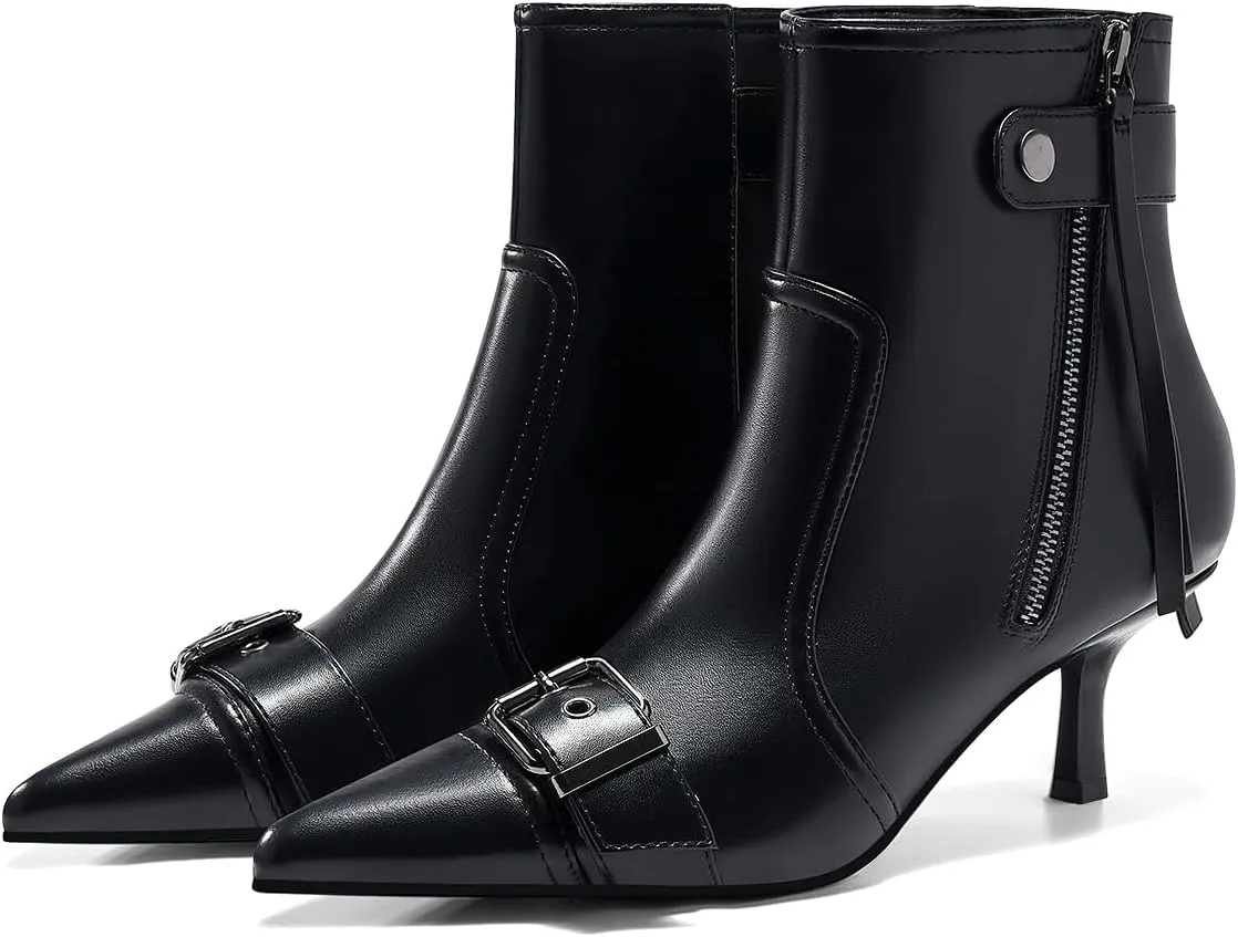 Coutgo Womens Kitten Heel Ankle Boots Pointed Toe Buckle Side Zipper Tassel Fall Winter Booties Shoes