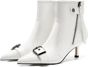 Coutgo Womens Kitten Heel Ankle Boots Pointed Toe Buckle Side Zipper Tassel Fall Winter Booties Shoes