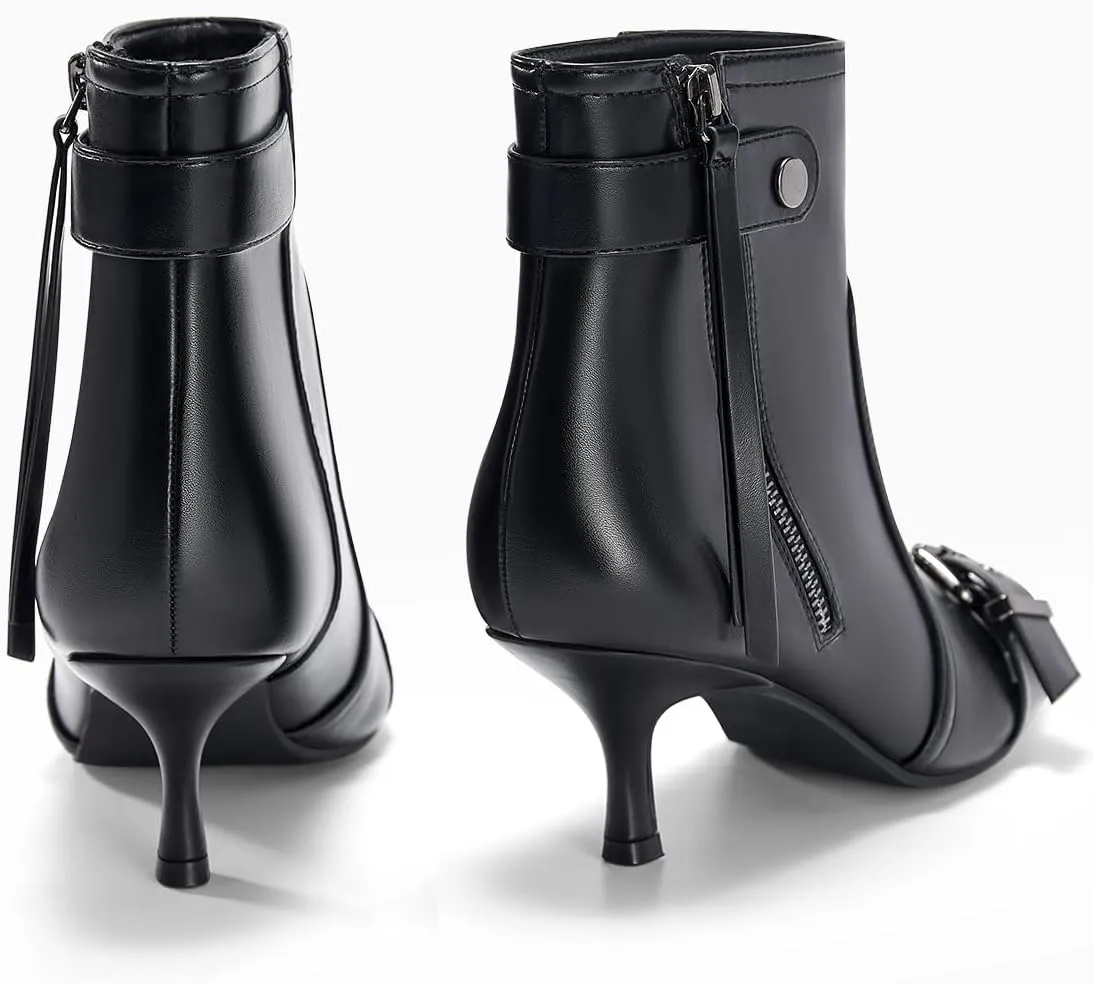 Coutgo Womens Kitten Heel Ankle Boots Pointed Toe Buckle Side Zipper Tassel Fall Winter Booties Shoes