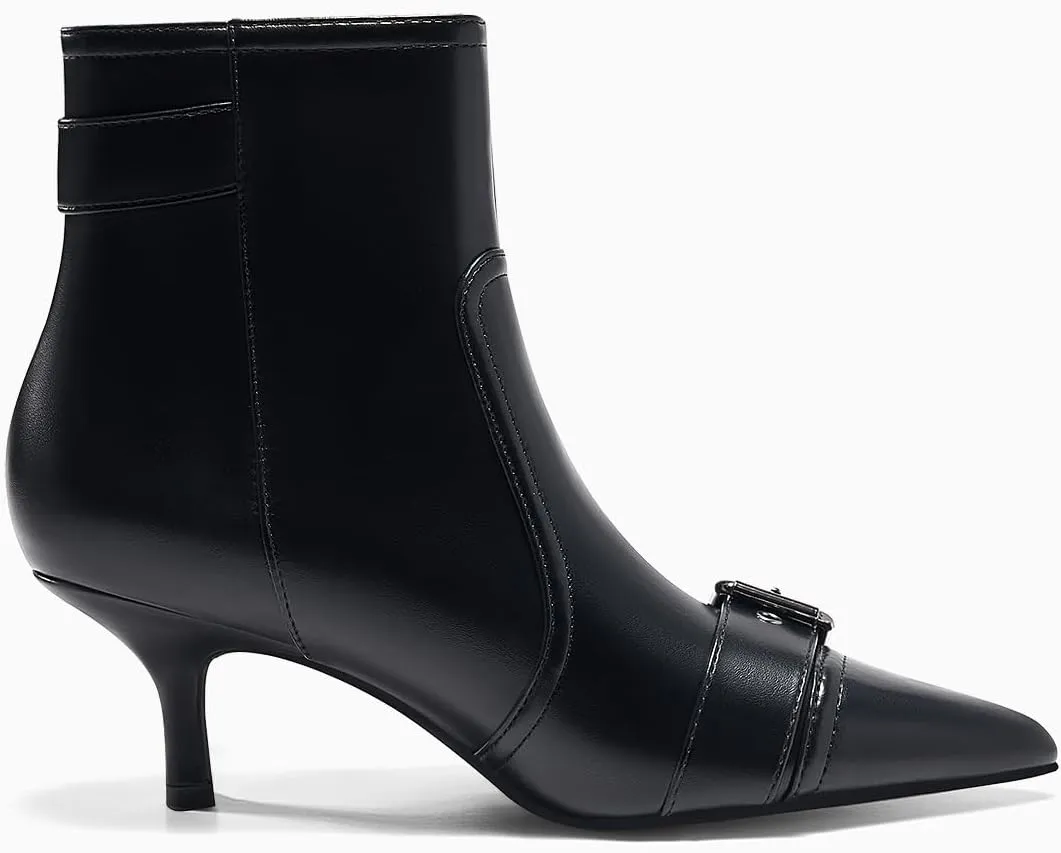 Coutgo Womens Kitten Heel Ankle Boots Pointed Toe Buckle Side Zipper Tassel Fall Winter Booties Shoes