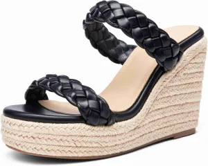 Coutgo Womens Wedge Platform Sandals Espadrilles Two Strap Woven Slip On Summer Cute Slide Sandals