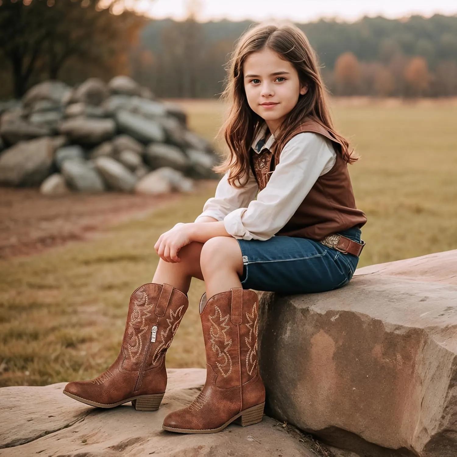 Cowboy Boots for Girls Pointed Toe Kids Cowgirl Boots Mid Calf Western Youth Cowgirl Boots Horse Riding Party for Toddler Little Big Kids