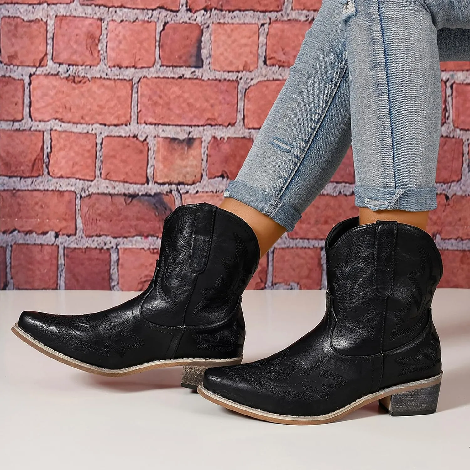 Cowboy Boots for Women Cowgirl Western Ankle Booties Pointed Toe Low Chunky Heel Embroidered Classic Short