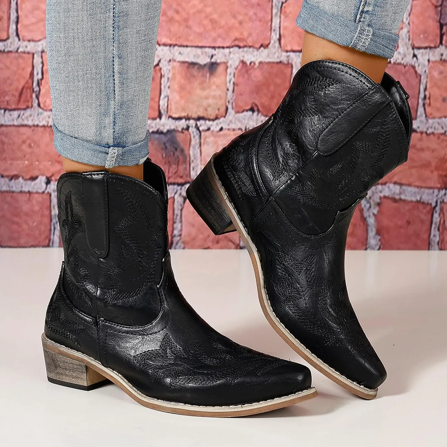 Cowboy Boots for Women Cowgirl Western Ankle Booties Pointed Toe Low Chunky Heel Embroidered Classic Short