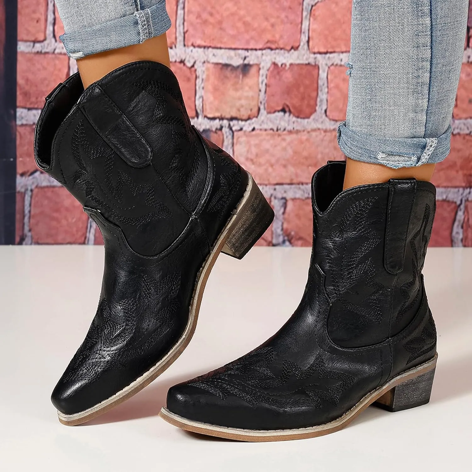Cowboy Boots for Women Cowgirl Western Ankle Booties Pointed Toe Low Chunky Heel Embroidered Classic Short