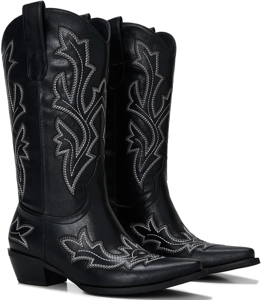 Cowgirl Boots Women – Western Mid-Calf Cowboy Boots with Pointy Toe & 2-Inch Chunky Heel, Embroidered Fashion Boots