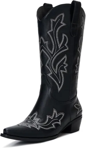 Cowgirl Boots Women – Western Mid-Calf Cowboy Boots with Pointy Toe & 2-Inch Chunky Heel, Embroidered Fashion Boots