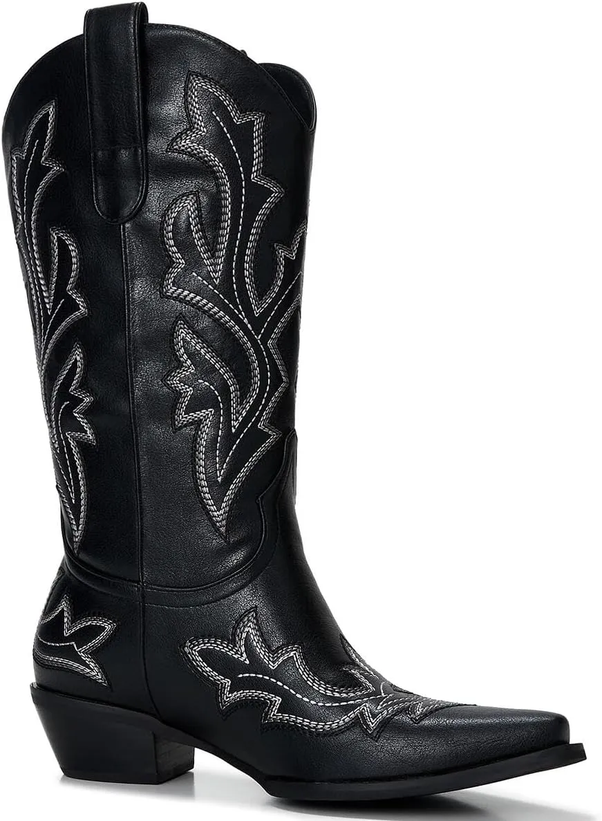 Cowgirl Boots Women – Western Mid-Calf Cowboy Boots with Pointy Toe & 2-Inch Chunky Heel, Embroidered Fashion Boots