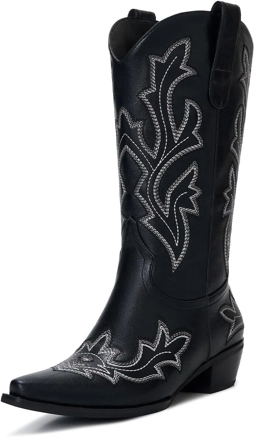 Cowgirl Boots Women – Western Mid-Calf Cowboy Boots with Pointy Toe & 2-Inch Chunky Heel, Embroidered Fashion Boots