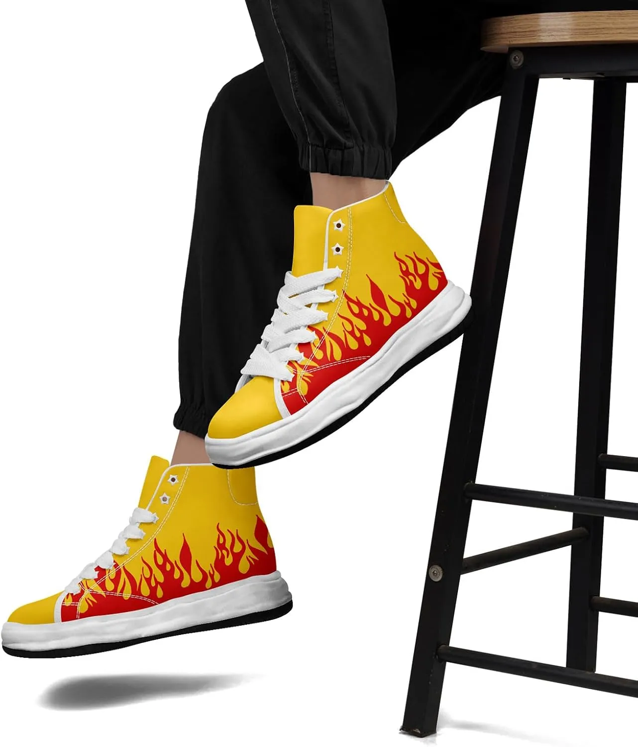 Custom Flame High-Top Platform Sneakers, Fashion Chunky Elevated Canvas Trainers for Streetwear Race Casual Footwear