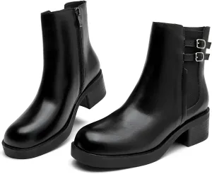 DADAWEN Women's Chelsea Ankle Boots Side Zipper Chunky Block Low Heel Booties Platform Lug Sole Short Boots