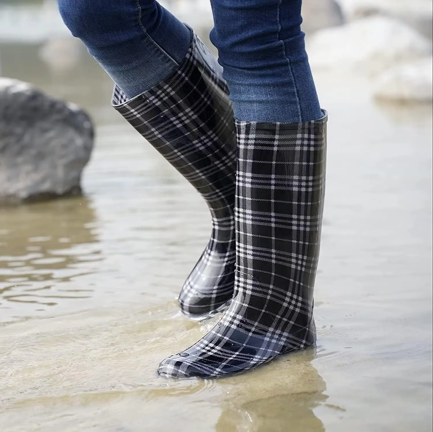 DaeRainy Tall Rain Boots for Women, Knee High Waterproof Slip On Garden Boots