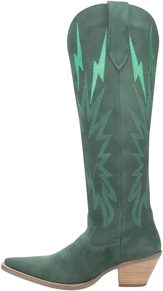 Dingo Womens Thunder Road Embroidered Snip Toe Casual Boots Knee High Mid Heel 2-3" - Black