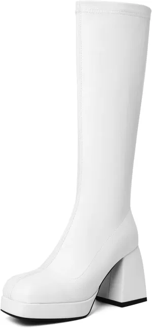 DOBOYG Knee High Boots Women Platform Chunky Block Heel Stretchy Square Toe Tall Patent Leather Long Boots