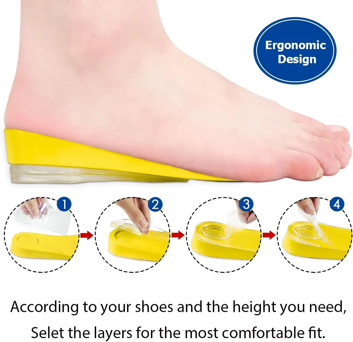 Dr. Shoesert 3-Layer Adjustable Height Increase Insoles, 3/4 Length Shock Absorption Cushion Heel Lift Inserts