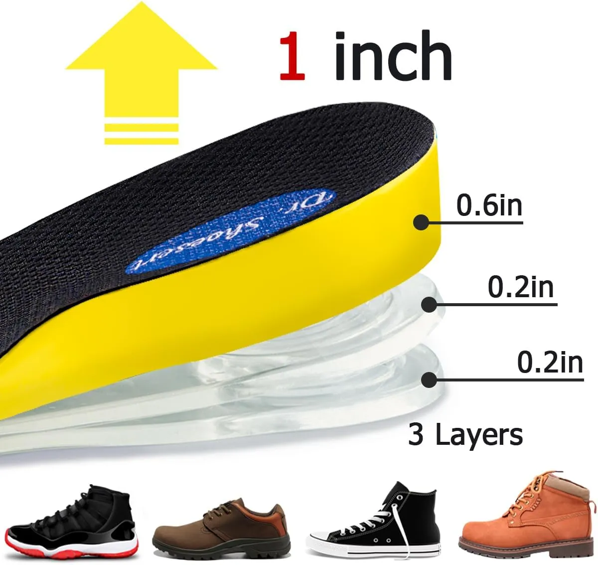 Dr. Shoesert 3-Layer Adjustable Height Increase Insoles, 3/4 Length Shock Absorption Cushion Heel Lift Inserts