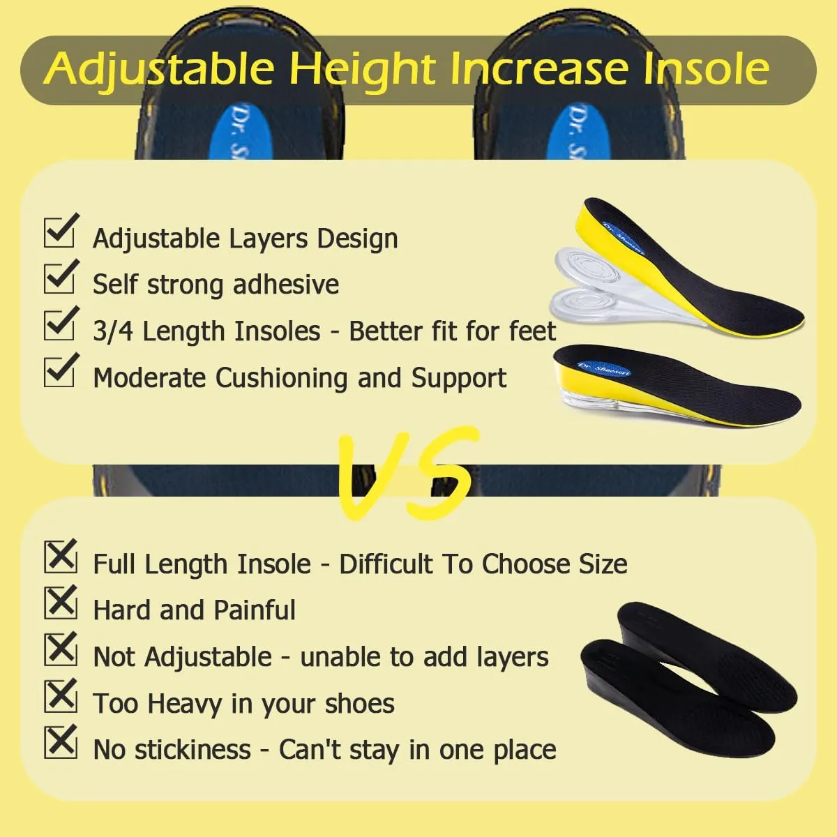 Dr. Shoesert 3-Layer Adjustable Height Increase Insoles, 3/4 Length Shock Absorption Cushion Heel Lift Inserts