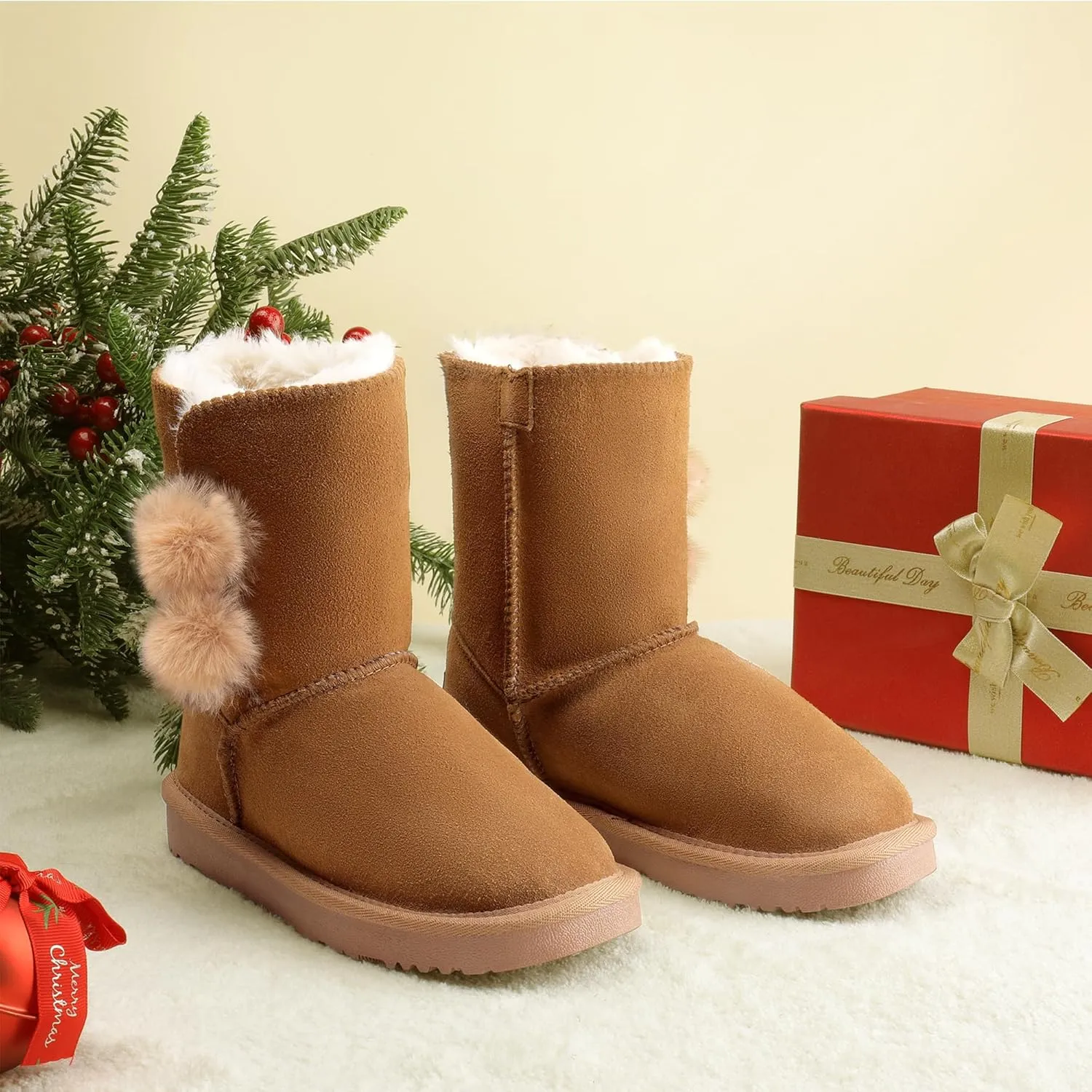 DREAM PAIRS Girls Boots Kids Boys Winter Snow Suede Mid Calf Boots Faux Fur Lined FuzzyChic Kid's Lolly for Little Kid/Big Kid