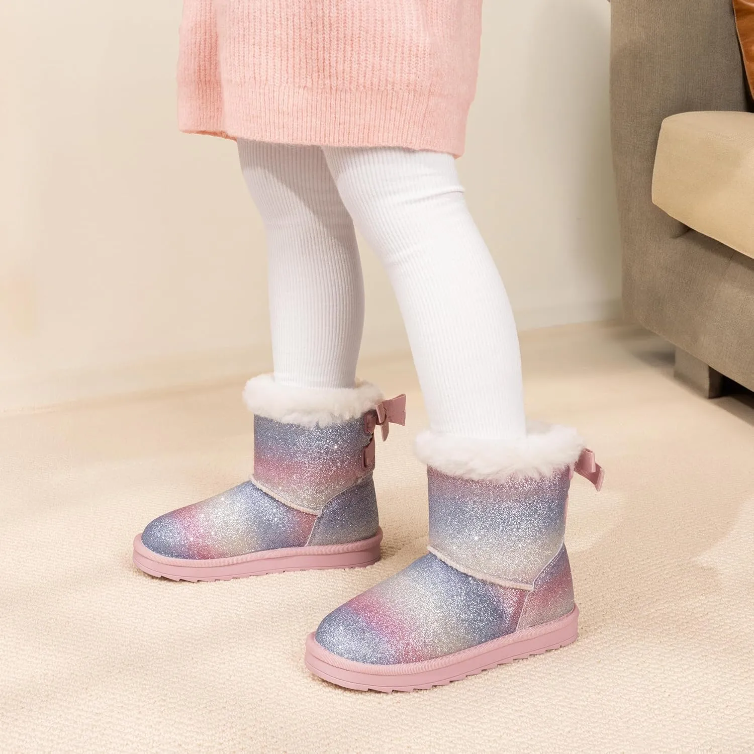 DREAM PAIRS Girls Boots Kids Winter Faux Fur Warm Snow Ankle FuzzyChic Kid's Bow Boots for Toddler/Little Kid