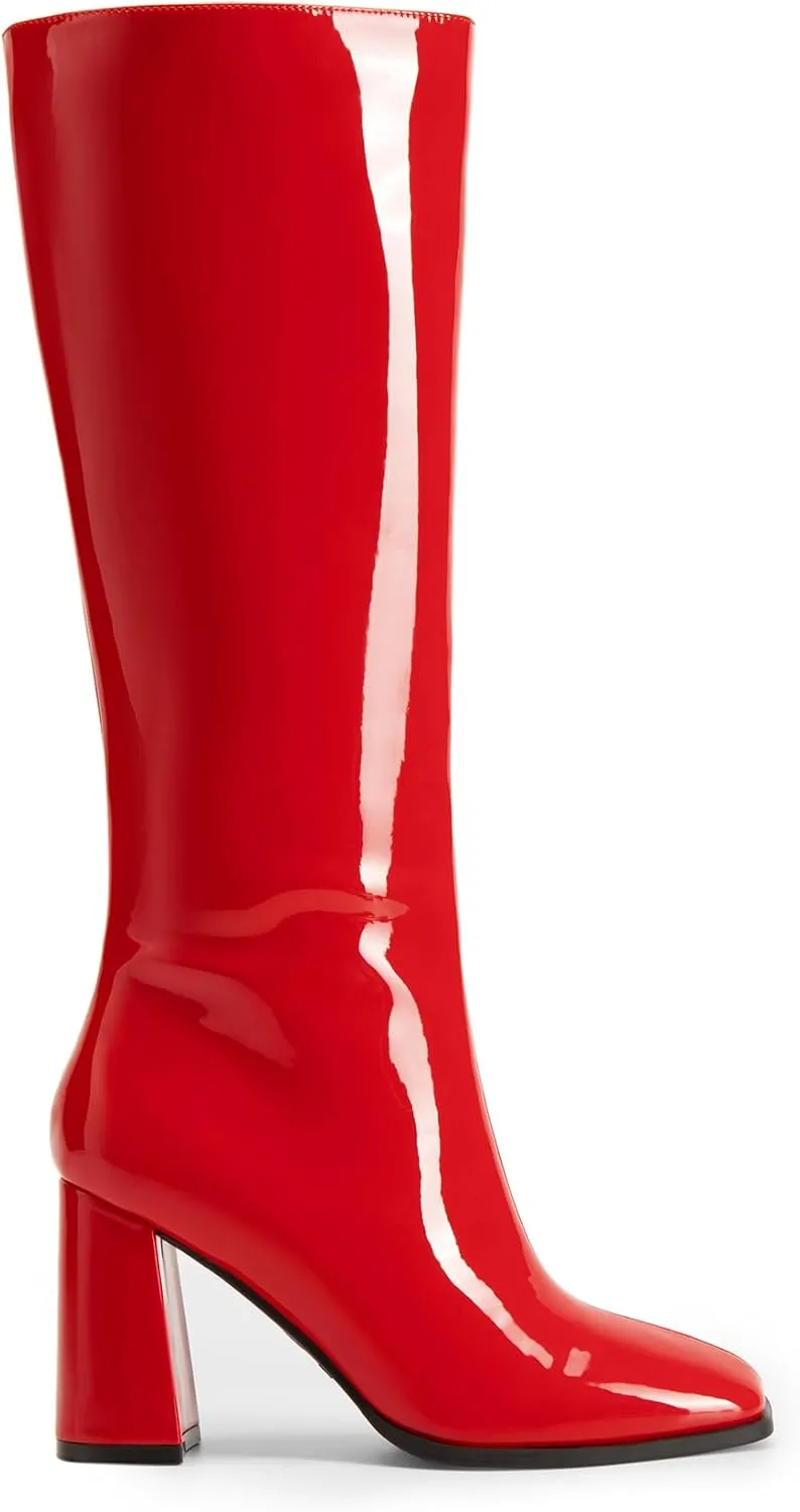 DREAM PAIRS Knee High Boots for Women Square Toe Gogo Chunky Heel with Side Zip