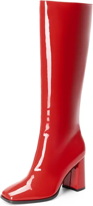 DREAM PAIRS Knee High Boots for Women Square Toe Gogo Chunky Heel with Side Zip