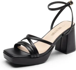 DREAM PAIRS Strappy Heels for Women Platform Chunky High 3-inch Heeled Sandals with Square Open Toe Ankle Buckle for Graduation Party Prom Daily Wedding