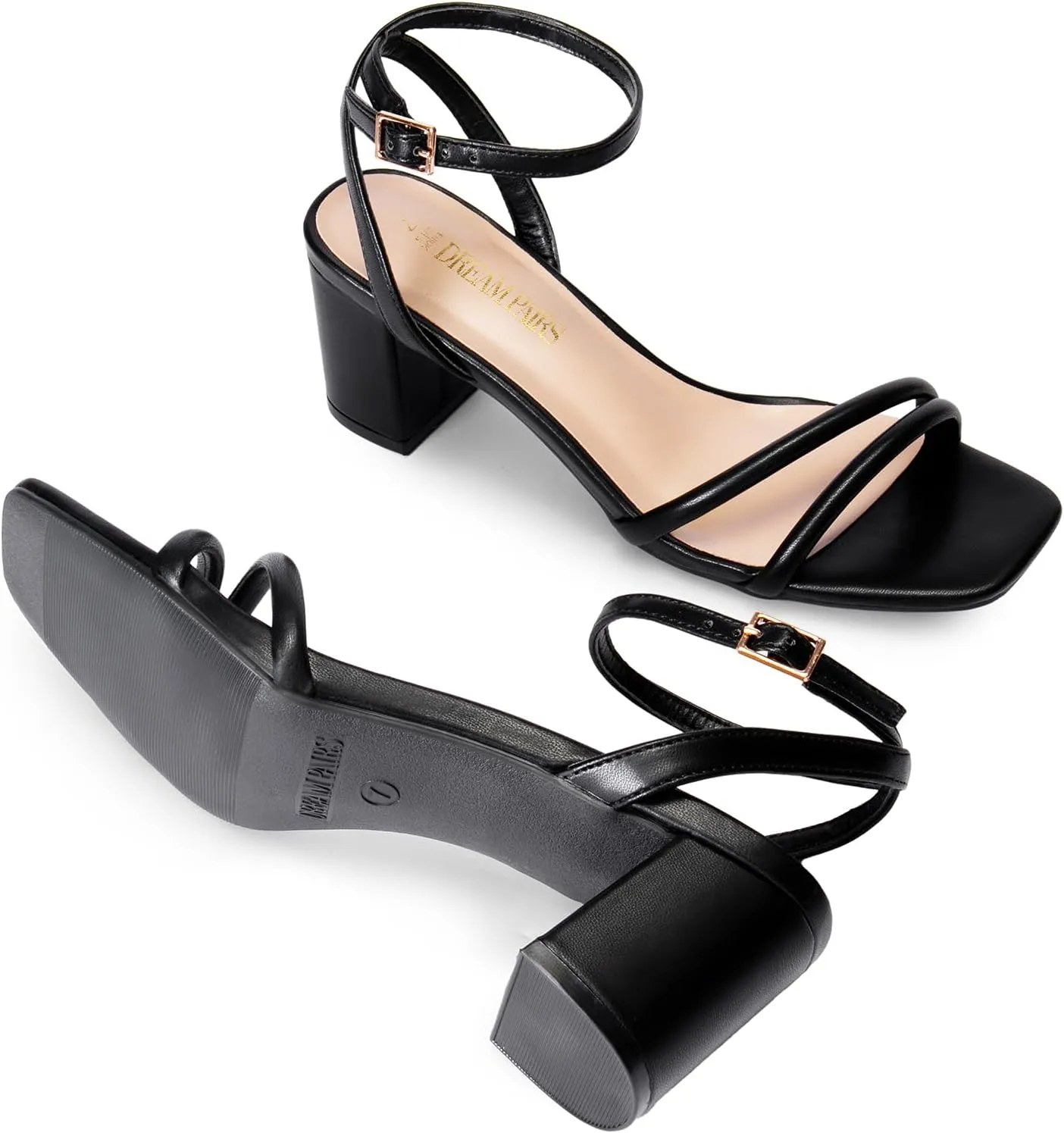 DREAM PAIRS Women's Chunky Strappy Heels Square Open Toe Ankle Buckle Low Heels Sandals for Daily Wedding Party Dress
