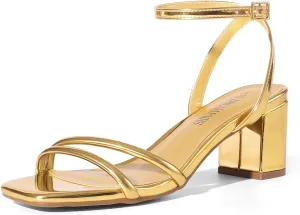 DREAM PAIRS Women's Chunky Strappy Heels Square Open Toe Ankle Buckle Low Heels Sandals for Daily Wedding Party Dress