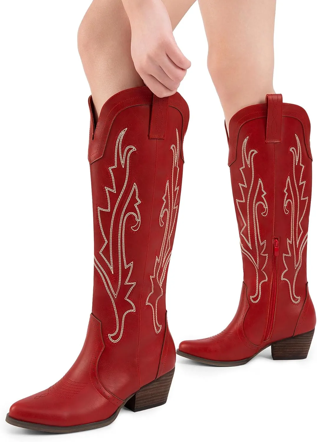 DREAM PAIRS Womens Cowboy Knee High Boots Comfortable Pull On Side Zipper Chunky Heel Embroidered Western Cowgirl Boots Retro Tall Boot
