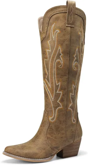 DREAM PAIRS Womens Cowboy Knee High Boots Comfortable Pull On Side Zipper Chunky Heel Embroidered Western Cowgirl Boots Retro Tall Boot