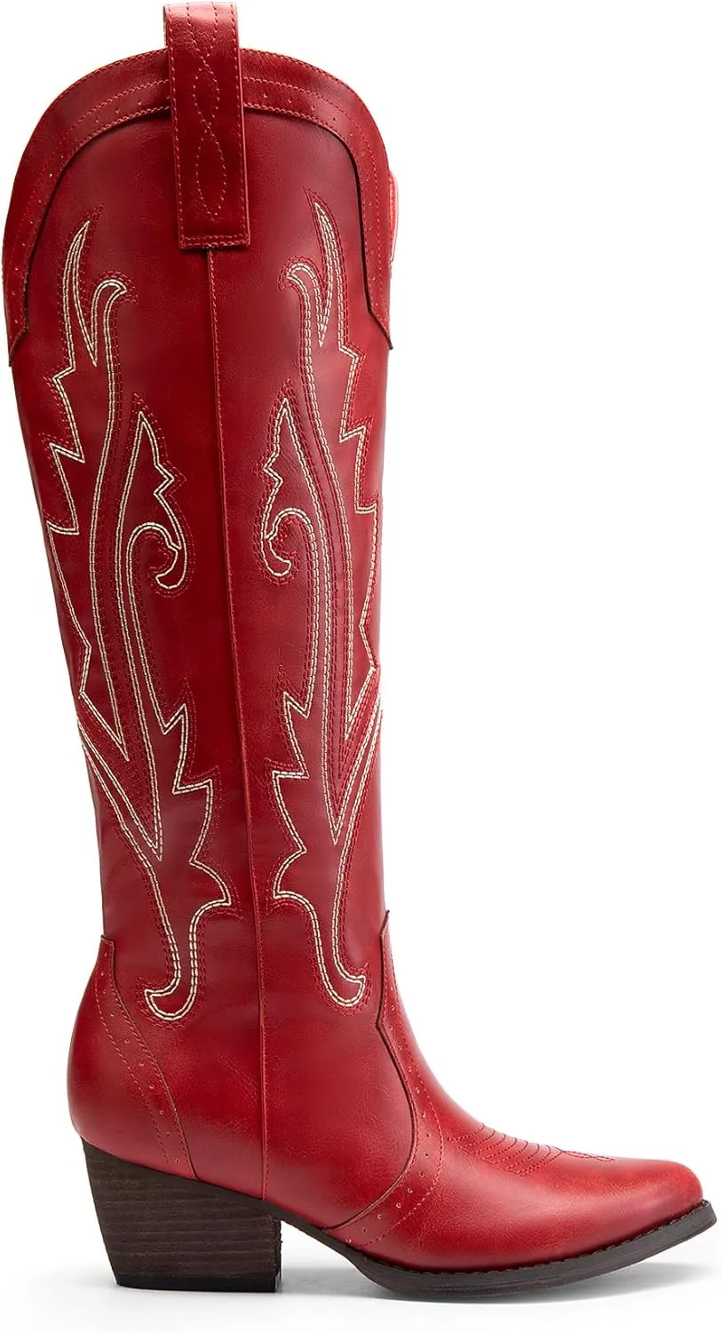 DREAM PAIRS Womens Cowboy Knee High Boots Comfortable Pull On Side Zipper Chunky Heel Embroidered Western Cowgirl Boots Retro Tall Boot