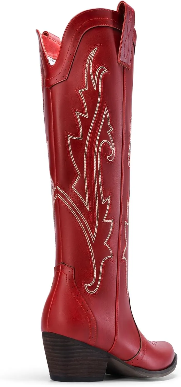 DREAM PAIRS Womens Cowboy Knee High Boots Comfortable Pull On Side Zipper Chunky Heel Embroidered Western Cowgirl Boots Retro Tall Boot
