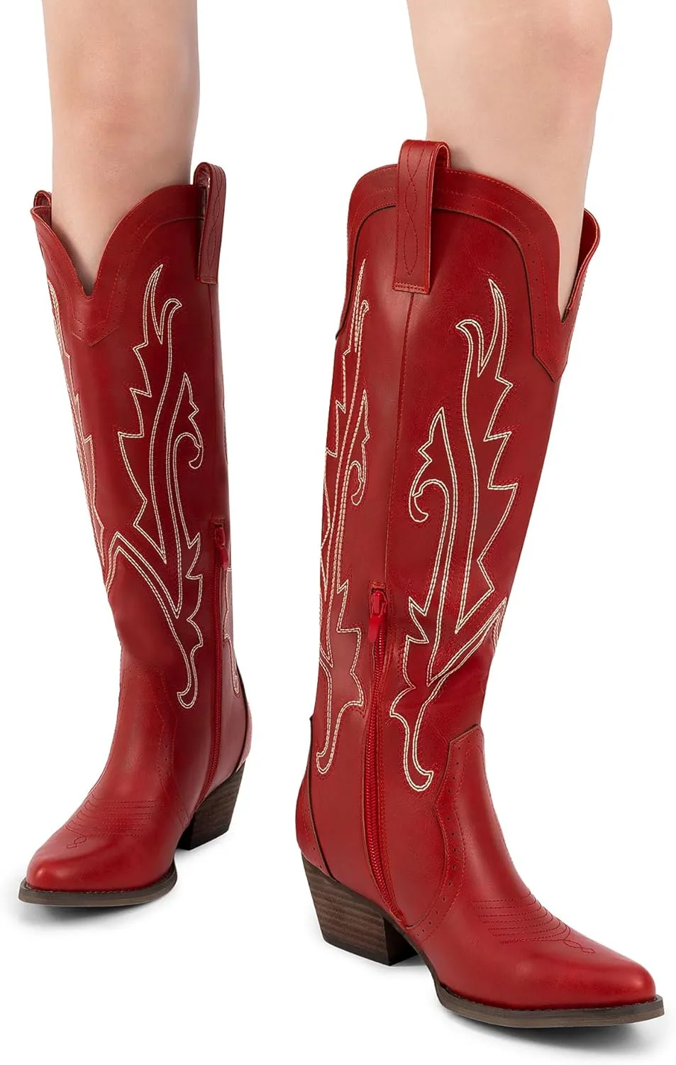 DREAM PAIRS Womens Cowboy Knee High Boots Comfortable Pull On Side Zipper Chunky Heel Embroidered Western Cowgirl Boots Retro Tall Boot