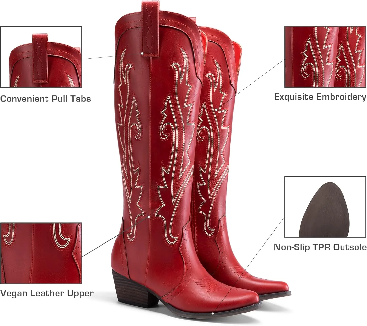 DREAM PAIRS Womens Cowboy Knee High Boots Comfortable Pull On Side Zipper Chunky Heel Embroidered Western Cowgirl Boots Retro Tall Boot