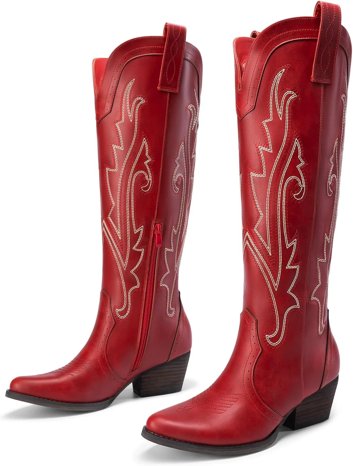 DREAM PAIRS Womens Cowboy Knee High Boots Comfortable Pull On Side Zipper Chunky Heel Embroidered Western Cowgirl Boots Retro Tall Boot