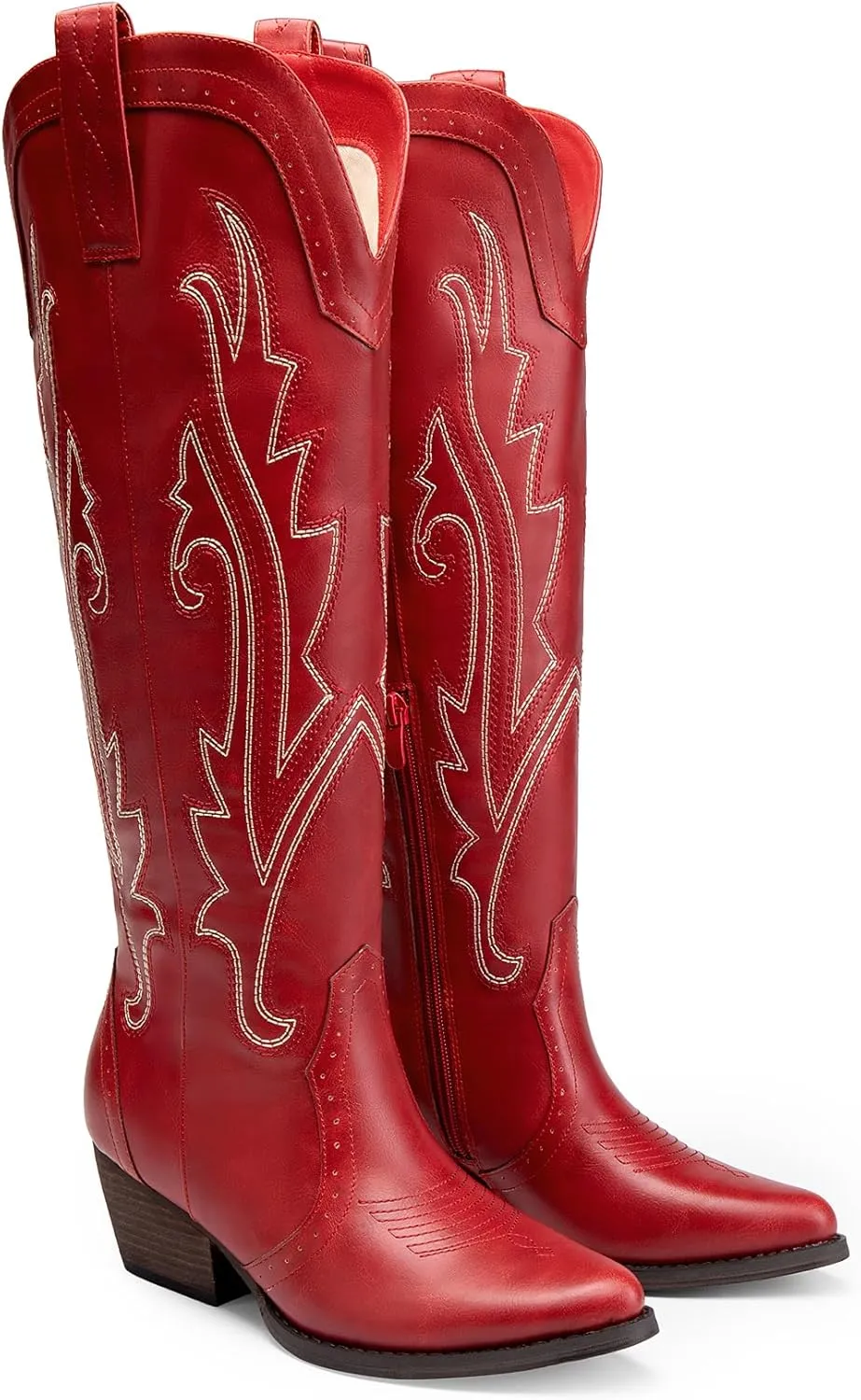 DREAM PAIRS Womens Cowboy Knee High Boots Comfortable Pull On Side Zipper Chunky Heel Embroidered Western Cowgirl Boots Retro Tall Boot