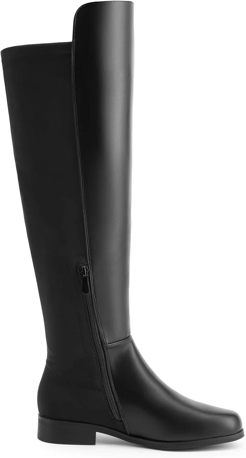DREAM PAIRS Women's Knee-High Boots Comfortable Flat Low Heel Round Toe Stretchy Suede Slouch Boots with Side Zipper