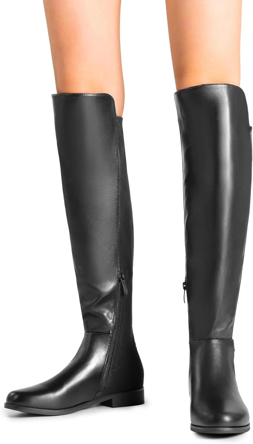DREAM PAIRS Women's Knee-High Boots Comfortable Flat Low Heel Round Toe Stretchy Suede Slouch Boots with Side Zipper