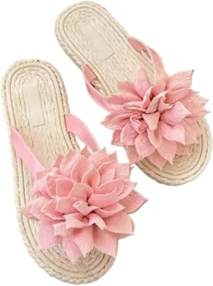 Dressy Flora Sandals for Women - Espadrilles Flat Open Toe Flower Shoes, Non-Slip Sole with Cute Bear Pattern on Outsole, Comfortable Beach Thong, Elegant Bride & Bridesmaid Slippers for Wedding Party