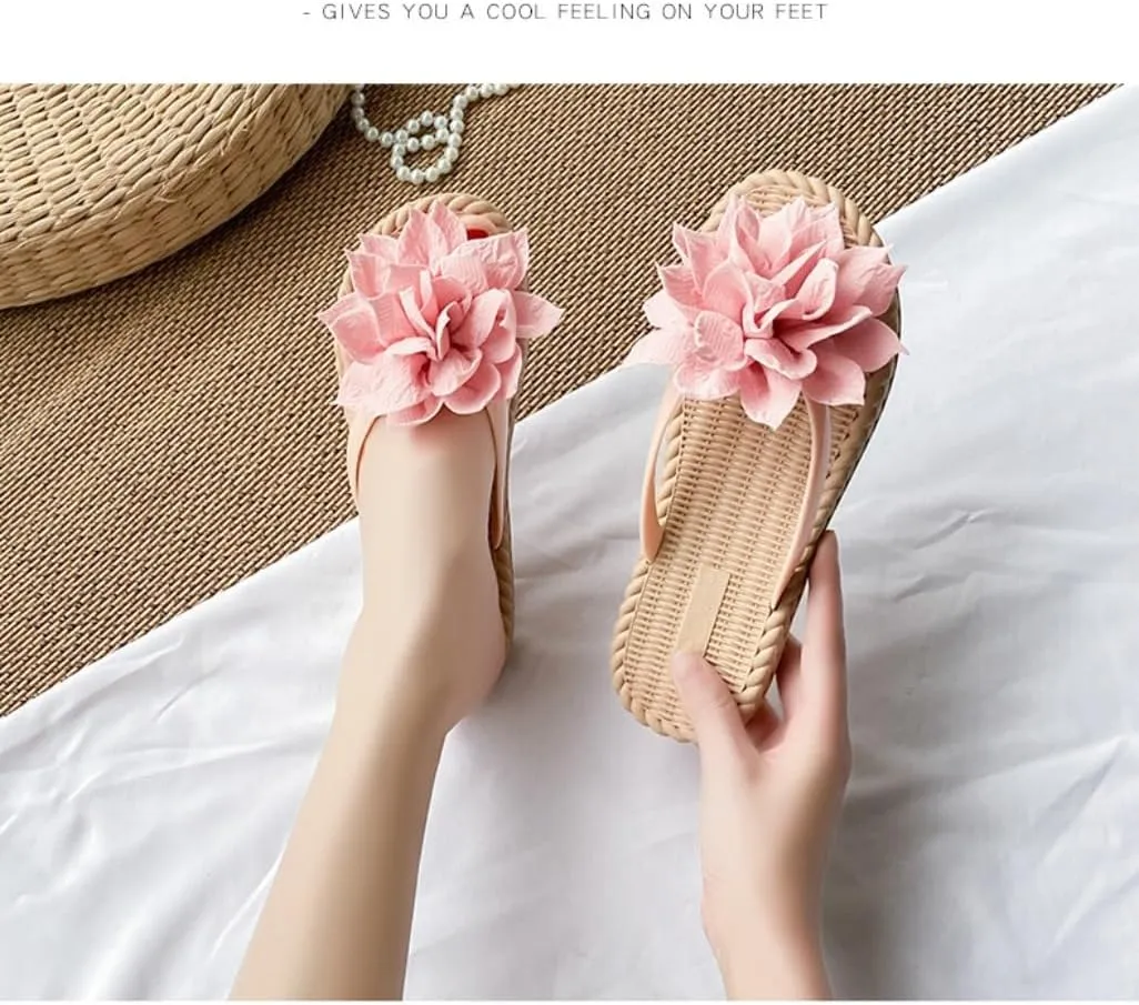 Dressy Flora Sandals for Women - Espadrilles Flat Open Toe Flower Shoes, Non-Slip Sole with Cute Bear Pattern on Outsole, Comfortable Beach Thong, Elegant Bride & Bridesmaid Slippers for Wedding Party