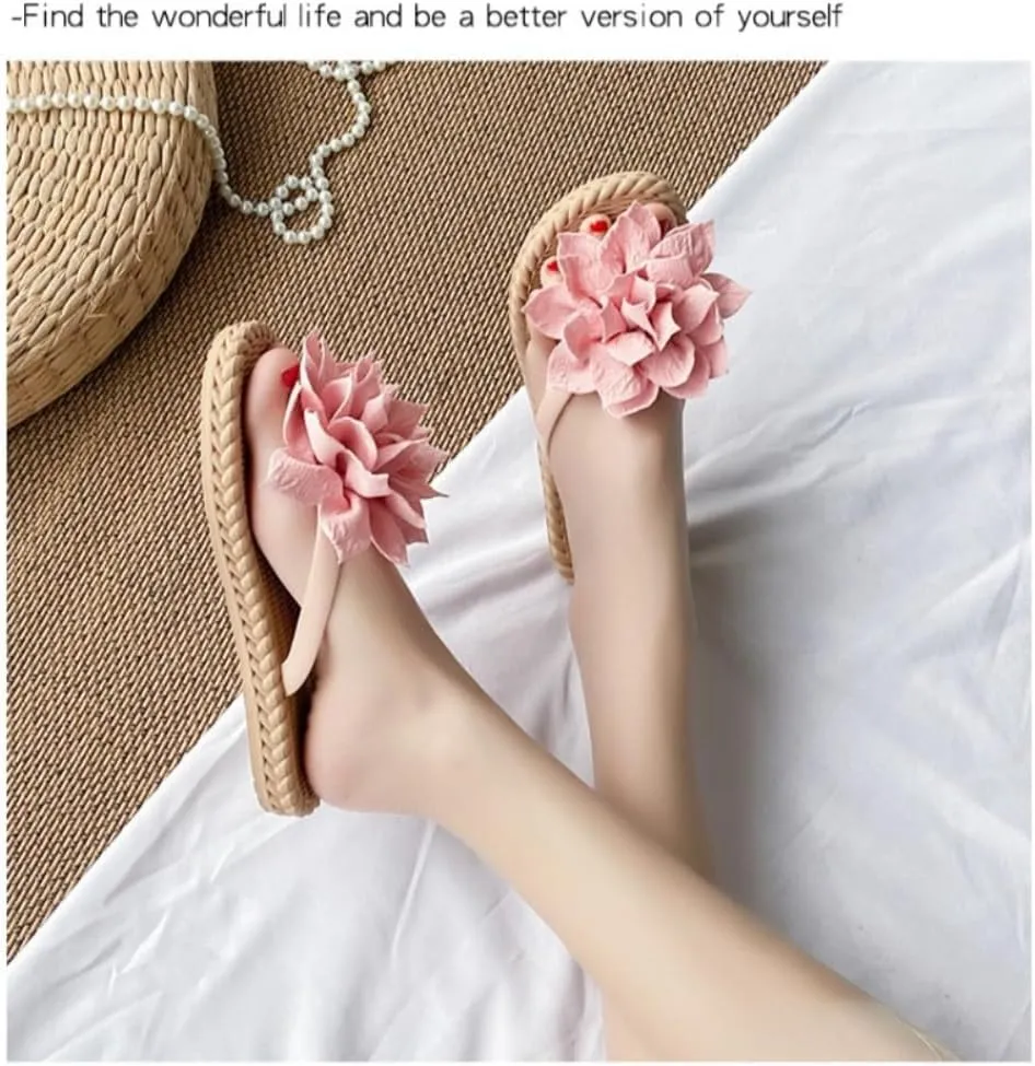 Dressy Flora Sandals for Women - Espadrilles Flat Open Toe Flower Shoes, Non-Slip Sole with Cute Bear Pattern on Outsole, Comfortable Beach Thong, Elegant Bride & Bridesmaid Slippers for Wedding Party