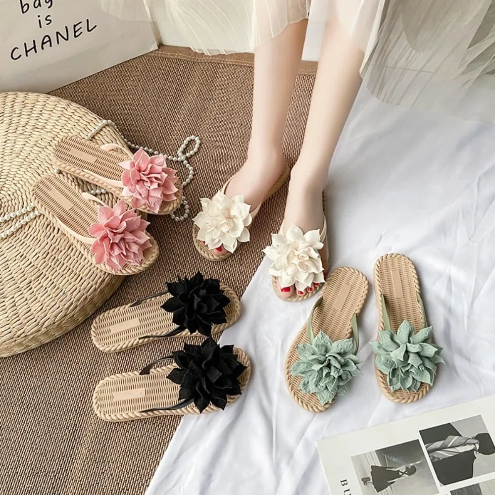 Dressy Flora Sandals for Women - Espadrilles Flat Open Toe Flower Shoes, Non-Slip Sole with Cute Bear Pattern on Outsole, Comfortable Beach Thong, Elegant Bride & Bridesmaid Slippers for Wedding Party