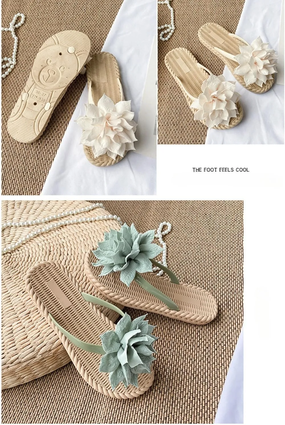 Dressy Flora Sandals for Women - Espadrilles Flat Open Toe Flower Shoes, Non-Slip Sole with Cute Bear Pattern on Outsole, Comfortable Beach Thong, Elegant Bride & Bridesmaid Slippers for Wedding Party