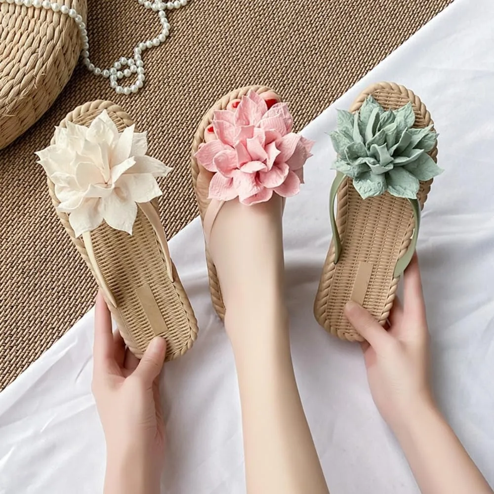 Dressy Flora Sandals for Women - Espadrilles Flat Open Toe Flower Shoes, Non-Slip Sole with Cute Bear Pattern on Outsole, Comfortable Beach Thong, Elegant Bride & Bridesmaid Slippers for Wedding Party